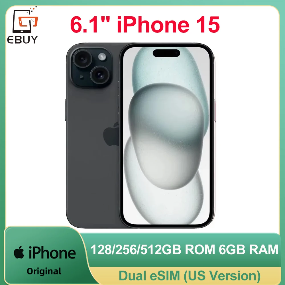 Téléphone portable d'origine débloqué iPhone 15 6.1 "physique double eSIM 5G téléphone portable Super Retina 128/256/512GB ROM 6GB RAM téléphone